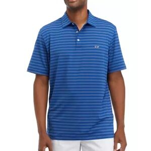 Southern Tide Mens Blue Stripe Classic Cotton Blend Polo Golf Short Sleeve Shirt